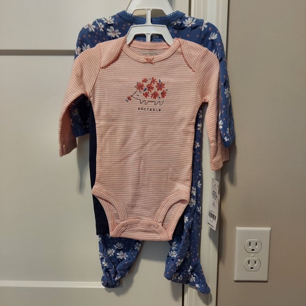Carters 3 Piece Set Hedgehog And Floral Design NWT Size 3 month
